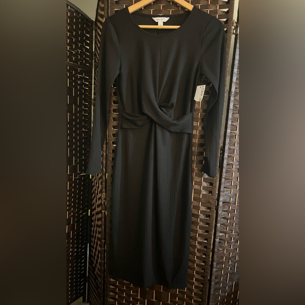 Nine West Dress XSM Black Midi Twist Front Ribbed Side Slits Long Sleeve, NWT